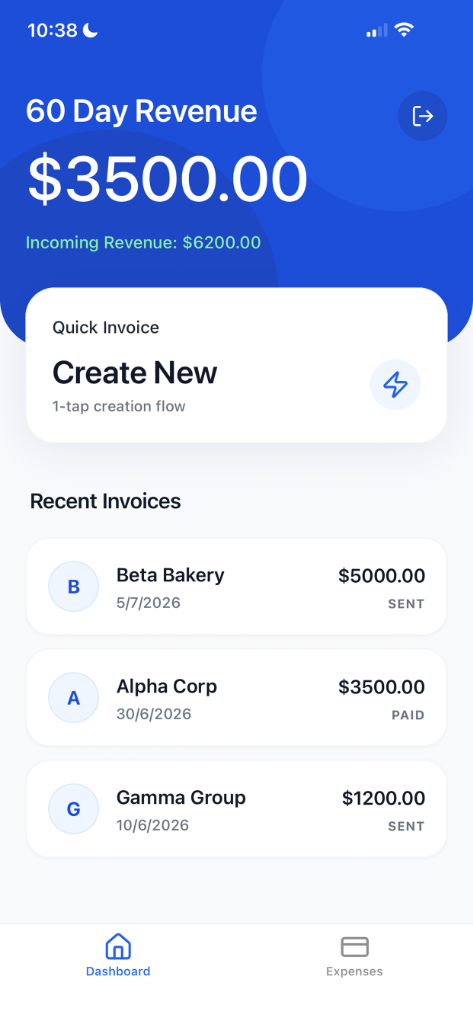 Invoice Buddy Mobile App Dashboard - 60 Day Revenue and Recent Invoices