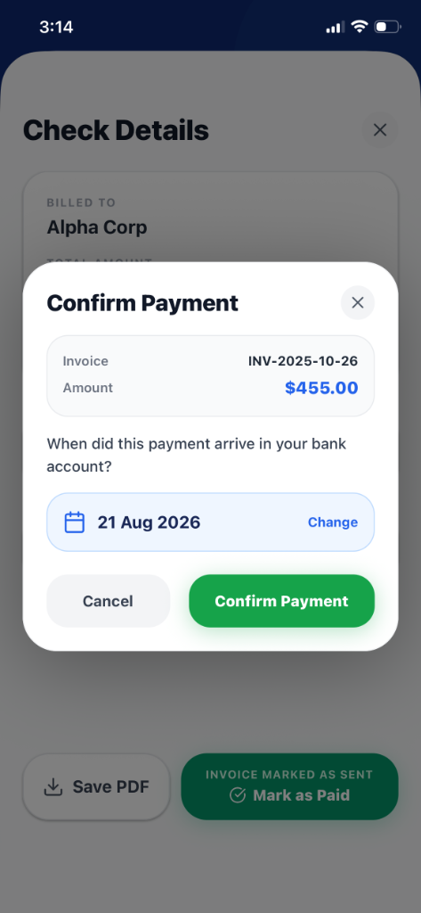 Invoice Buddy Mobile App - Quick Invoice Flow and Payment Confirmation