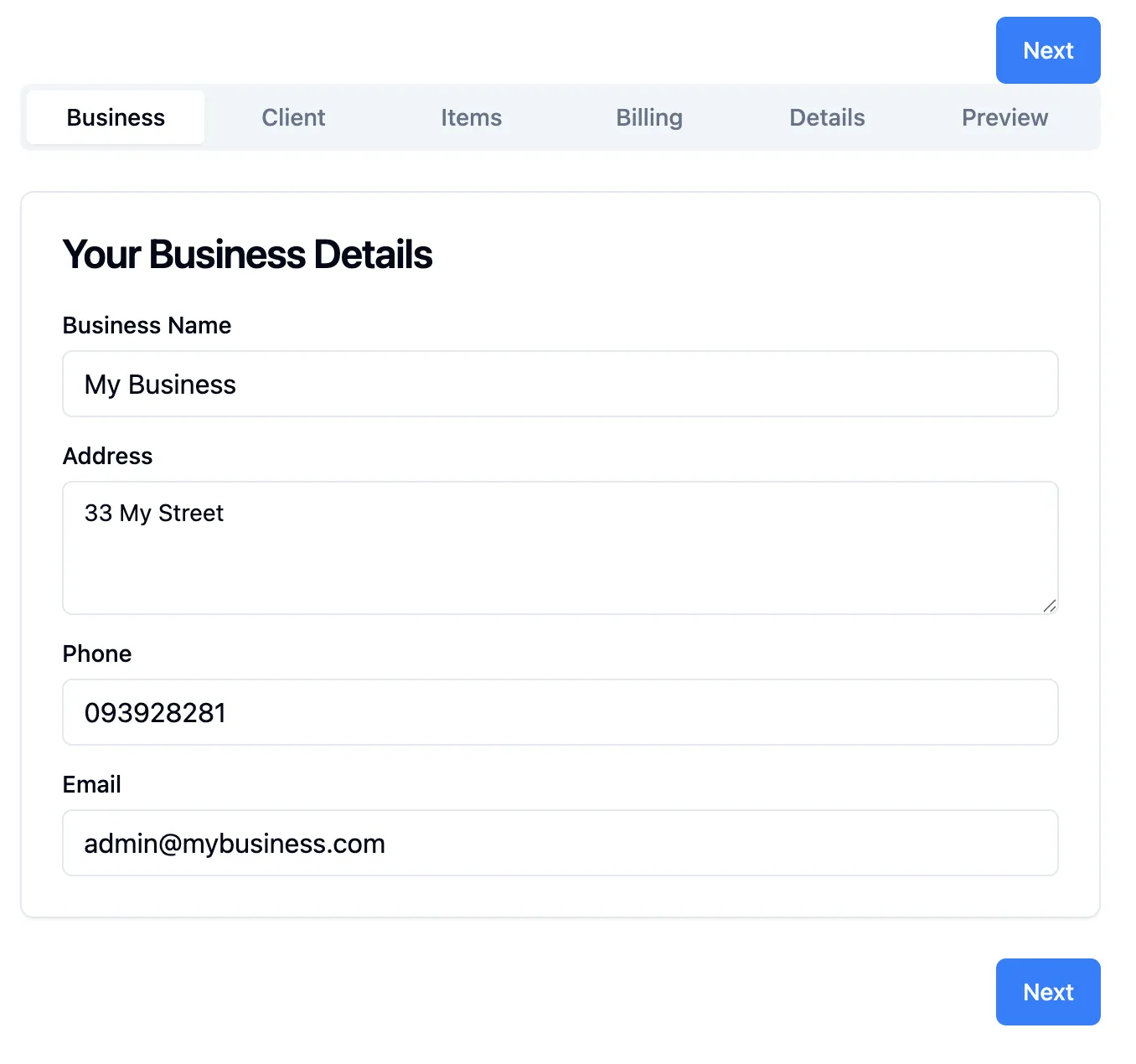 Invoice Buddy Step 1 - Enter Your Business Information